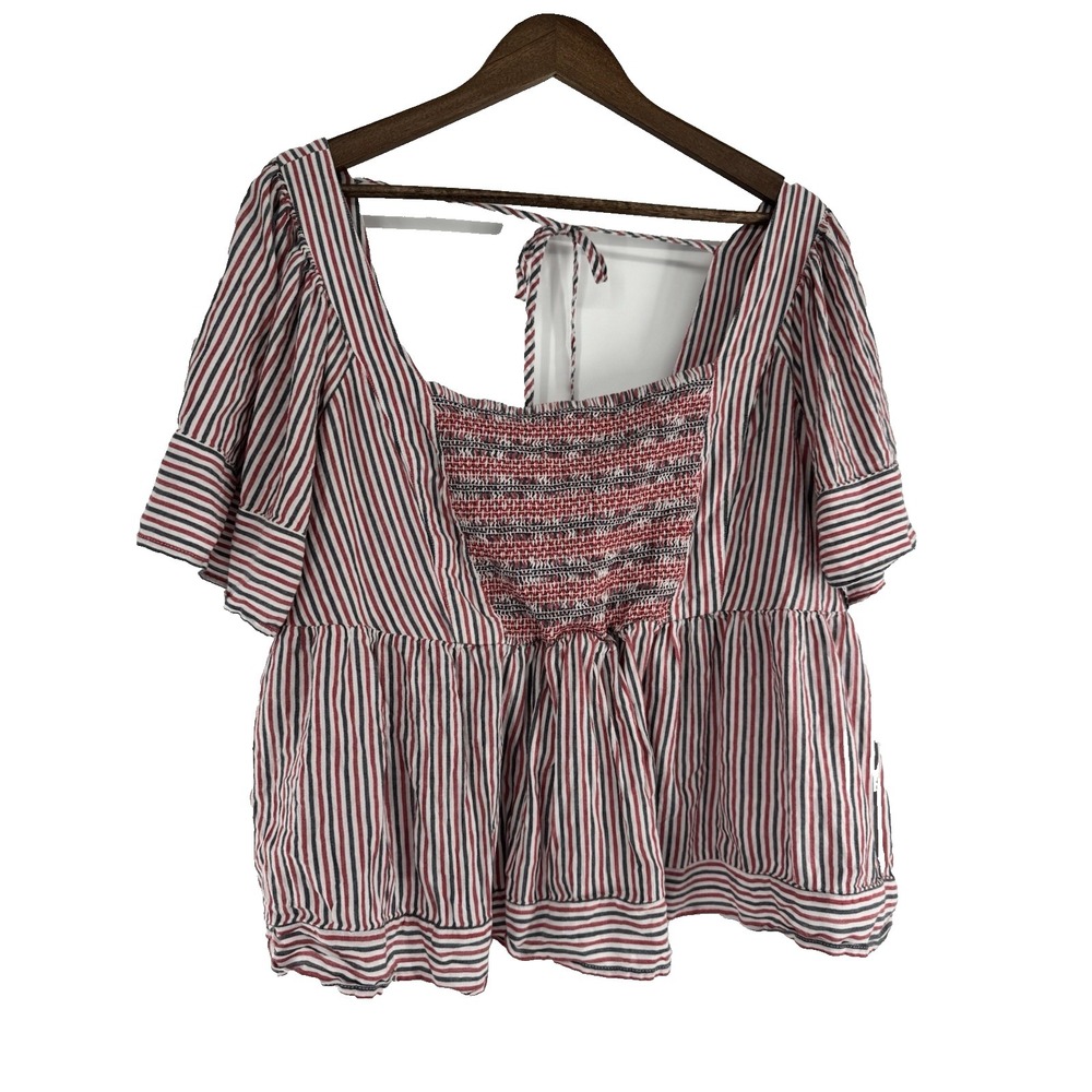 Old Navy‎ Blue Red White Striped Smocked Tie Back Crop Top 2X fourth of July